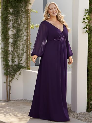 Ever-Pretty V Neck Long Sleeves Applique Chiffon Plus Size Long Formal Evening Dresses Floor Length Ball Gown Dress Women4