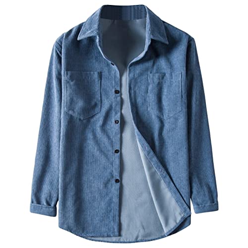 Maiyifu-GJ Mens Long Sleeve Corduroy Shirts Solid Color Button Down Ribbed Fall Tops Lightweight Casual Warm Shacket Jacket (Light Blue,X-Large)