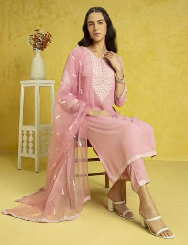 Image of Kaari Women's Embroidered Kurti Set with Dupatta | Ethnic Suits with Embellished Dupatta | Everyday and Festive Kurti Set for Women