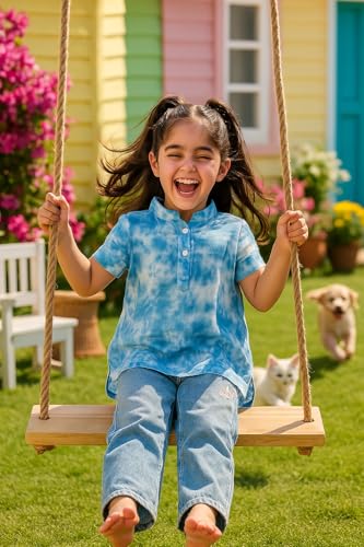 Image of Maaesa Girls Sky Blue Tie & Dye Rayon A-Line Top | Short Sleeves | Mandarin Collar Neck | Lightweight & Breathable | Casual