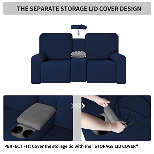 Image of Easy-Going 1 Piece Reclining Loveseat with Middle Console Slipcover | Stretch 2 Seater Loveseat Recliner Cover with Holder and Storage, Recliner Couch Sofa Cover, Furniture Protector Navy