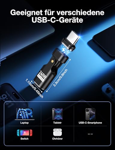 AUFU Adaptador Magnético USB C 240W, 16PIN, Giro de 180° (Paquete de 2), Carga Rápida 48V/5A, Conector Magnético Tipo-C para MaBook Pro, Portátiles y Dispositivos USB-C - imagen 6