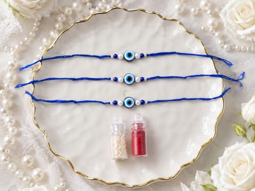 Image of Evil Eye Rakhi Set Of 3 For Brother Bhabhi Sister Kids | Blue Nazar Battu Raksha Kavach Rakhi Bracelet With Pearl Beads | Handmade Aesthetic Designer Raksha Bandhan Combo Rakhi Gift For Bhai