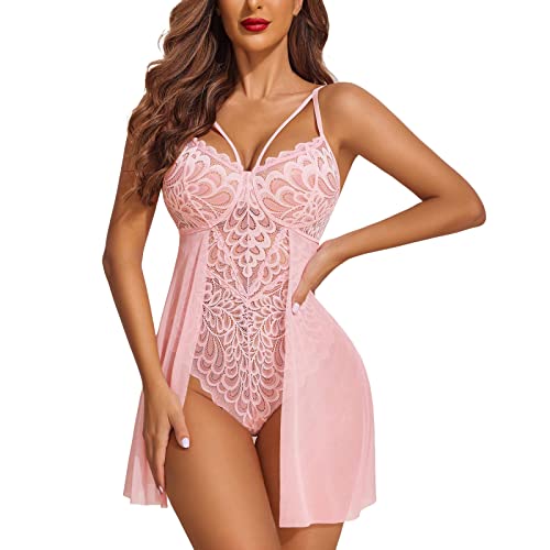 Lencería Body para mujer, sexy, camisón de encaje, ropa interior con cuello en V, ropa interior de peluche, cómodo y atractivo, Rosa., XXL