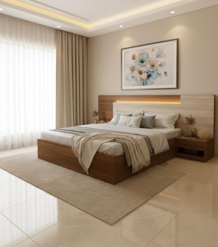 Image of King Size Engineered Wood Bed with Storage, LED Headboard & Side Tables | Modern Wooden Double Bed Cot for Bedroom | Heavy Duty Platform Bed Frame | Walnut Brown |Free Assembly