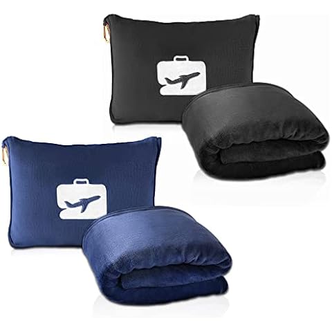 EverSnug Travel Blanket and Pillow Value Pack – Premium Soft & Lightweight | 2 in 1 Compact Blanket for Airplane, Car, Kids and Women | Color Includes Black & Navy Blue Cover