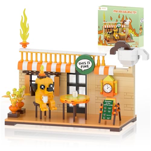 This is Fine Dog Building Blocks Set Funny Meme Character Coffee Fire Cartoon Dog Building Kit for Desk Decor Comics Birthday Christmas White Elephant Gifts for Adults Boys Girls