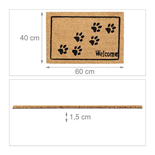 Relaxdays Fußmatte Welcome mit Pfoten, Kokos, 60 x 40 cm, Fußabtreter innen & außen, rutschfeste Türmatte, Natur/schwarz