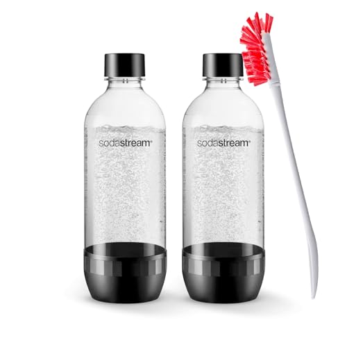 Sodastream 2 Pack Dish Washer Safe Original Premium 1 Liter Carbonating Reusable Bottles 1L Soda Stream Water Bundle with Delico Cleaning Brush