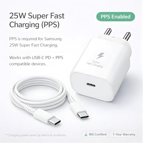 Image of 25W Charger for Samsung with C-to-C Cable | Super Fast Charging C-Type Adapter for Galaxy S26 /S25 Ultra, S24 FE, A56 /A36 /A16, M15 /M17 /M55 5G, F15 /F55 /Z Fold & S /A /M /F /Z Series Phones - BIS Certified