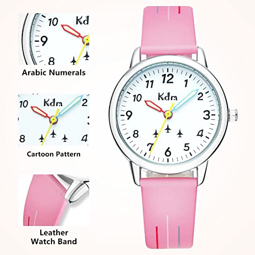 Kdm Girls Watch Pink Analog Watches For Girls Ages 3-12, Girl Wrist Watch Time Teacher Waterproof Luminous Watches For Kids, Easy To Read Time Leather Watch Girls Gifts #TOP4