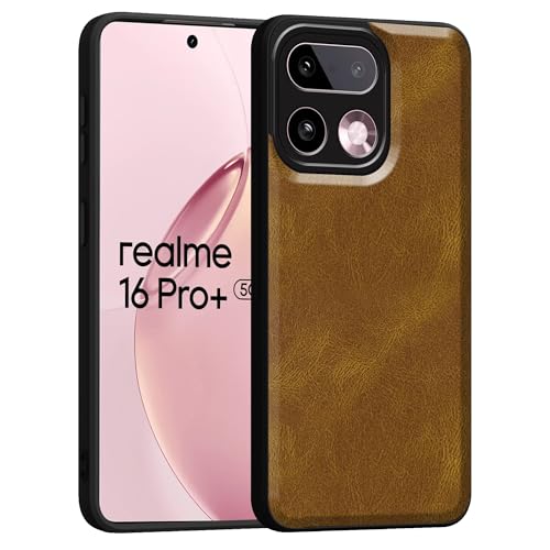 Image of amazon basics Back Cover for Realme 16 Pro Plus 5G | Ultra Slim Soft Rubberised Case | Oil Feel Soft Leather Back | Camera Protection - Tan Brown