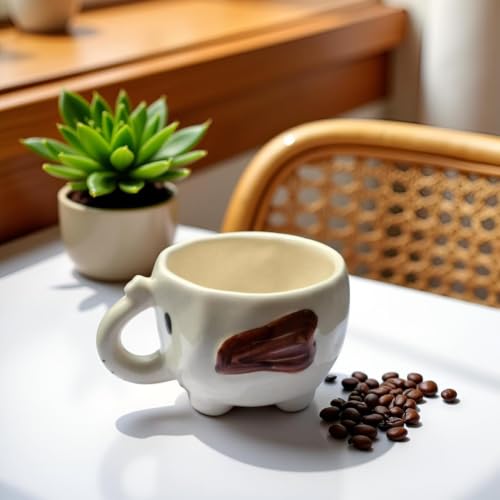 Image of Elephant Shaped Ceramic Coffee Mug - Cute White Animal Mug with Trunk Handle & Brown Ear Detail | Unique Tea Milk Cup for Kids Adults | Aesthetic Novelty Mug for Home Office & Gifting