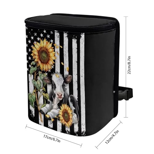 Image of Talayituse American Flag Sunflower Cow Print Car Trash Can with Adjustable Straps, Foldable Car Trash Bag Bin Car Garbage Bag Multipurpose Storage Box for Vehicle Travel Camping Picnicing