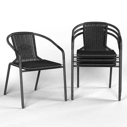 Image of Amopatio Outdoor Dining Chairs Set of 4, Stackable Patio Chairs, Rattan Wicker Patio Chairs Set of 4, for Porch, Deck, Garden, Yard, Poolside, Bistro, Restaurant, Black