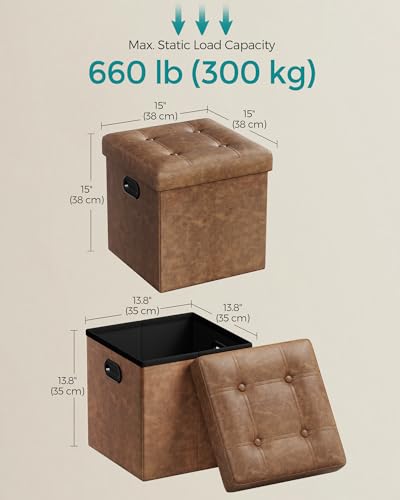SONGMICS Mazie Collection - 15 Inches Ottoman with Storage, Footstool, Storage Ottoman with Metal Handles, Load 660 lb, for Dorm, Living Room, Bedroom, Synthetic Leather, Coffee Brown ULSF030K01