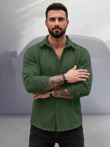 Image of DEELMO Men's Regular Fit Button Down Dress Shirts Textured Long Sleeve Casual Hawaiian Shirt