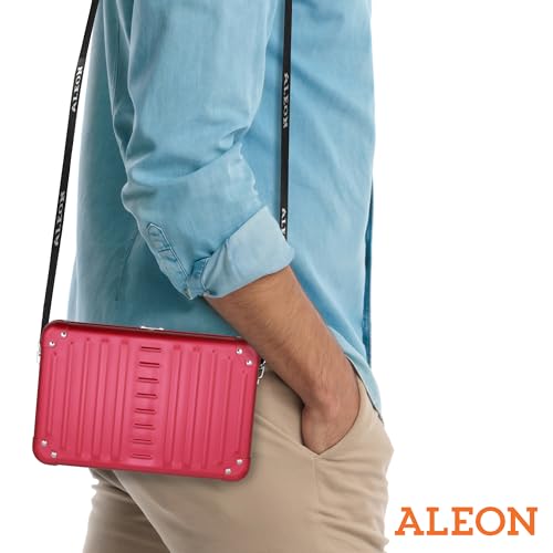 Image of Horizontal All Aluminum Crossbody Bag - Lightweight Compact Travel Case with Adjustable Strap, RF Blocking, Interior Pockets & Secure Clasp - Stylish Over-Shoulder Bag for Men & Women (Ruby)