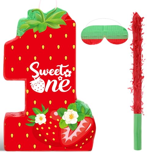 Image of Aoriher Strawberry 1st Birthday Piñata Strawberry Piñata Summer Berry Piñata with Stick Blindfold Mask Confetti for Girls Theme Birthday Baby Shower Party Game Supplies Decor
