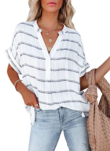 Alvaq Women Blouses Summer Short Sleeve V Neck Loose Casual Stripe Tunic Shirts Tops Large #TOP20