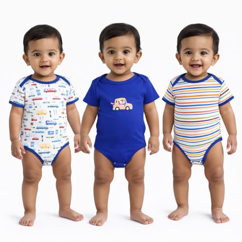 Image of VParents Rompers for New Born Baby Girl & Boy (Pack of 3), 100% Cotton Half Sleeve Romper /Bodysuit /Jumpsuit /Onesies /Sleepsuit For Infants & Toddlers, Comfortable Daily Wear Clothes For Babies