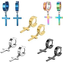 Aretes Para Hombre Color Negro 5 Pares Pendientes Cruz,Pendientes Cruz Hombre,Pendientes Cruz de Acero Inoxidable,Negro, Dorado, Azul, Plateado, Color, para Mujeres, Hombres,Unisex,Fiestas de Cumpleaños, Fiestas, Discotecas