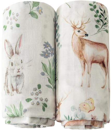Image of Little Jump Muslin Swaddle Blankets Neutral, Woodland Muslin Baby Blanket Receiving Blanket for Boys & Girls Unisex, Soft Large 47 x 47 inches (Rabbit & Deer)