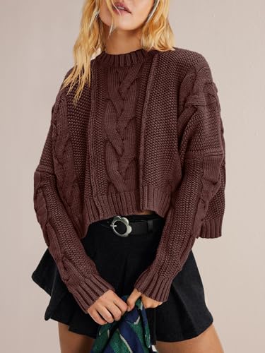 Panadila Womens Cropped Sweater Crew Neck Cable Knit Sweater Ribbed Long Sleeve Top Soft Boxy Pullover4