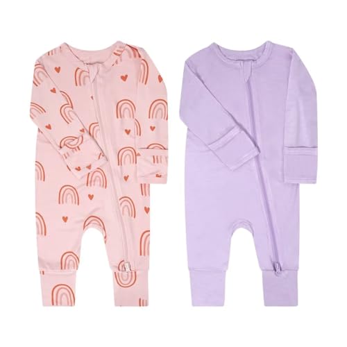 Image of Teach Leanbh Baby Boys Girls 2 Pack Bamboo Viscose Pajamas with Mitten Cuffs 2 Way Zipper Long Sleeve Romper Sleep and Play
