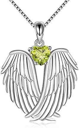 YAFEINI Angel Wings Birthstone Necklace 925 Sterling Silver Guardian Angel Pendant Necklace Wings Birthstone Jewellery for Women Girls Christmas Gifts