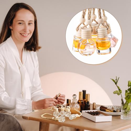 Image of Zubebe 250 Pcs Hanging Car Diffuser Bottles Bulk, 5 Styles Empty Glass Refillable Air Freshener Bottles with Wooden Cap for Perfume Essential Oils Fragrance Aromatherapy Ornament, 8ml 10ml
