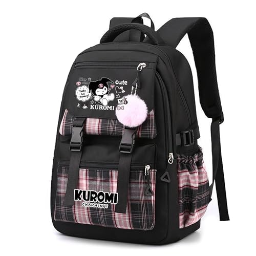 Image of Roffatide Anime Kuromi Print Business Casual Laptop Shoulders Backpack Hiking Travel Rucksack Daypacks 17 Inch Black O (With Cute Pendants)