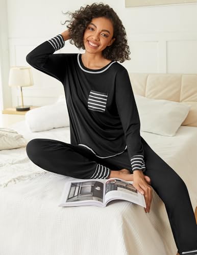 Image of Ekouaer 2 Pack Womens Pajama Sets Long Sleeve Lounge Sets Soft Pj Sleepwear Loungewear