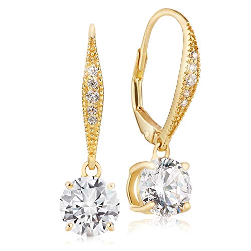 Lusoro 925 Sterling Silver Gold Plated Round AAA Cubic Zirconia Pave Leverback Dangle Earrings