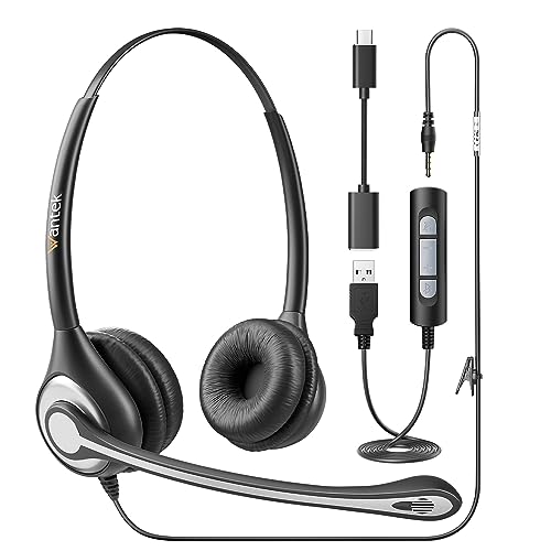 Wantek Headsets with Noise Cancelling Microphone Type-C USB Jack 3.5MM for Clear Online Chat Meetings Business Trip Laptop PC Smartphones