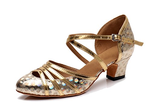 MGM-Joymod Womens Ankle Starp Closed Toe Glitter Gold Synthetic Evening Wedding Tango Ballroom Modern Latin Dance Shoes 7 M UK
