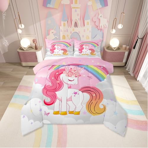 Image of Erosebridal Unicorn Girls Bedding Set Toddler | Kids Rainbow Unicorn Comforter Set Kawaii Cute Reversible Stars Butterfly Quilt Comforter Teens Children Adults Cartoon Room Decor All Season,2 Pcs
