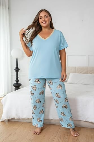 Image of Vozanet Women's Pajama Sets Short Sleeve with Long Pant Soft Sleepwear Printed pj Loungewear With TWO Pockets Size 1X to 5X