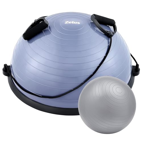 ZELUS Balance Ball Trainer with Resistance Bands and Foot Pump, Inflatable Yoga Ball for Home Gym Workouts, 23 Inch Exercise Half Ball for Balance Training Core Strength Fitness More, 330lb Cap (Dutch