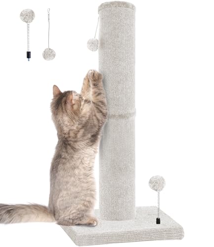 PuzzlePaw Carpet Craft Cat Scratching Post Heavy Duty for Indoor Large Cats and Adult Cats,Tall and Thicked Cat Scratch Post,Carpet Cat Tree Tower Scratcher with Interactivity Balls,Beige