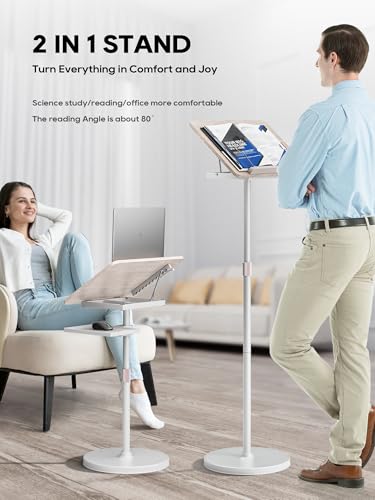 Image of 2 in 1 Adjustable Book Stand - Dual-Use Floor and Desktop Book Holder Stand, Height Adjustable 23.5-52 in, Elastic Page Clips for Music Sheet, Recipe, Tablet, Laptop-White