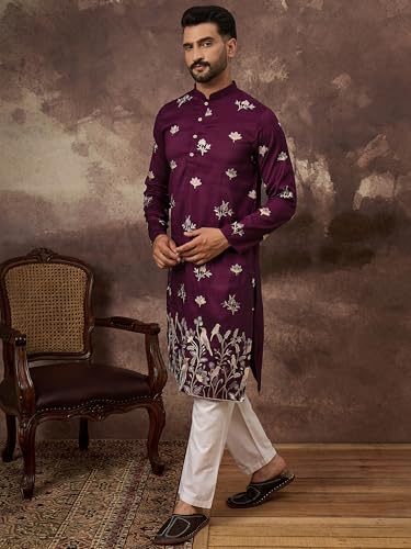 Image of Men's Calf Length Silk Blend Embroidered Solid Kurtas | Men | Kurtas for Mens | Straight Fit Kurta for Men's