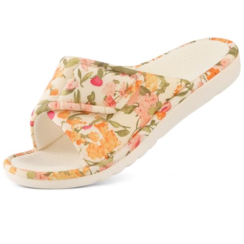 Image of shevalues Summer House Slippers for Women with Arch Support Breathable Waffle Cotton Indoor Slippers Slip on Open Toe Home Shoes