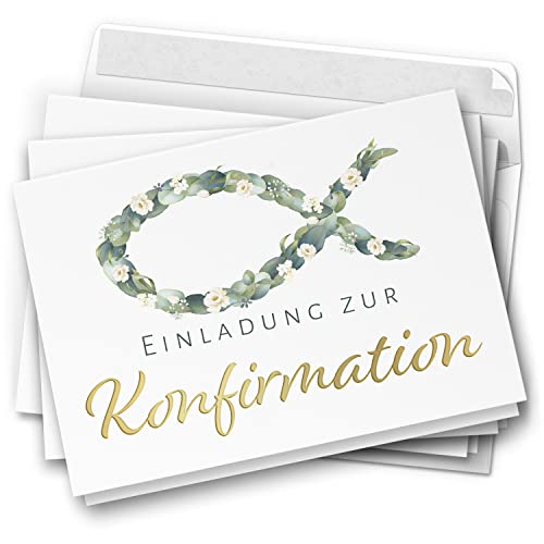 10 Einladungskarten Konfirmation - Motiv Blätterfisch edel - moderne Klappkarten mit Umschlägen - Einladungen zu Konfirmationsfeier Einladung Karten