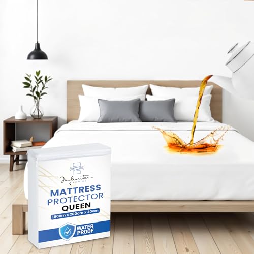 Infinitee Xclusives 100% Waterproof Mattress Protector - Queen 160 cm x 200 cm 100% Cotton Terry Top - Ultra-Soft Bed Bug & Dust Mite Proof - 30 cm Deep Pockets Fitted Mattress Cover (Queen)