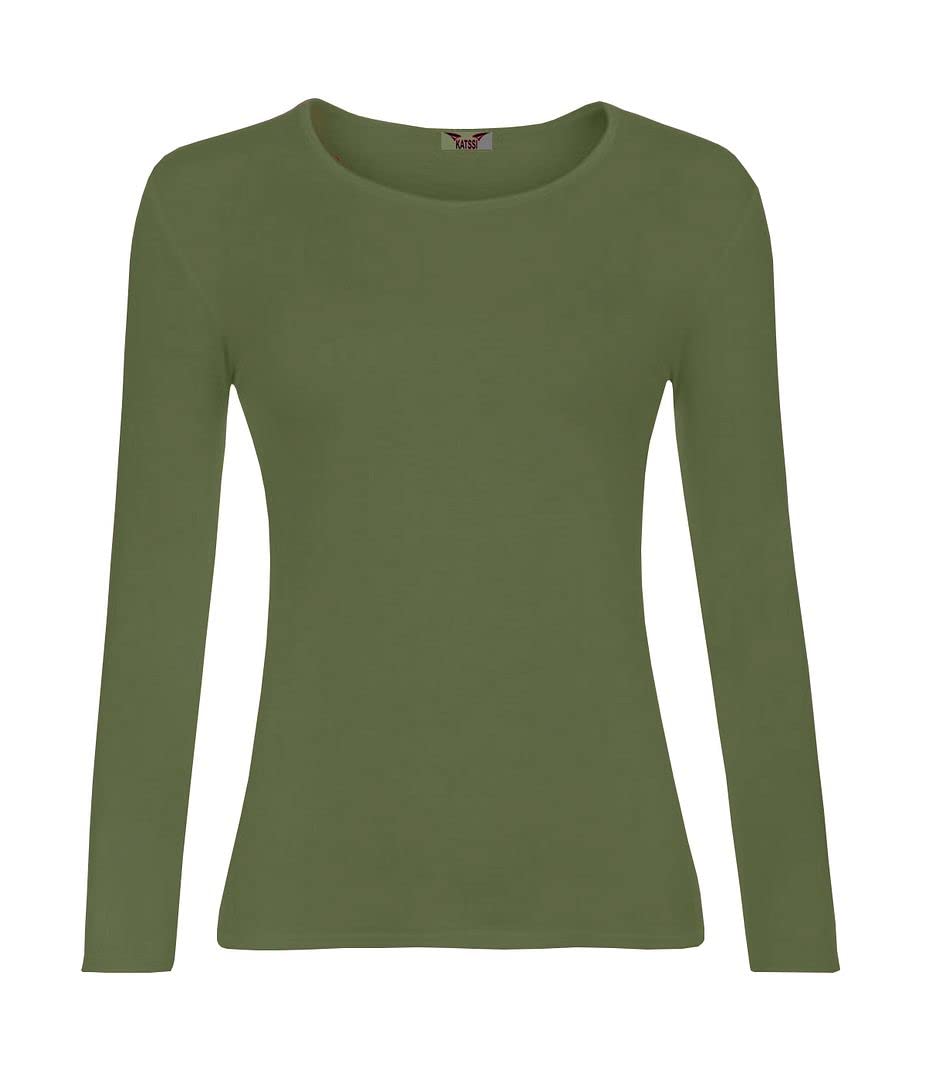 KATSSI Women’s Ladies Long Sleeve Stretch Plain Round Scoop Neck T Shirt Top XXL Khaki