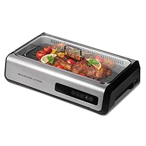 Indoor Smokeless Grill 1500W with Smart LED Touch Screen, Tempered Glass Lid, 2 Removable Ceramic Nonstick Grill & Griddle Plate, in a Modern Stainless Steel Design.