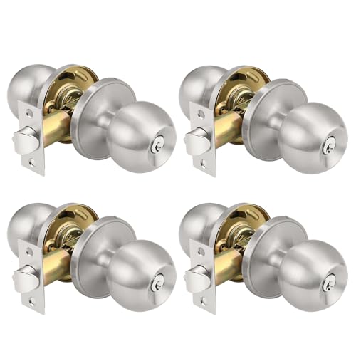 KNOBWELL Exterior Door Locks in Brushed Nickel Finish, Keyed Entry Door Knob with Different Keys for Front Door, Round Ball Shape Door Knobs, Satin Nickel Exterior Door Handle, 4 Pack