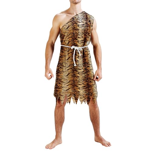 Felcia Costume d'Halloween pour adulte – Costume d'homme des cavernes à imprimé léopard avec ceinture/hauts et jupe (homme multicolore, taille unique)