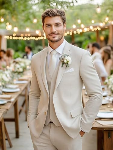 Linen Suits for Men Slim Fit 3 Piece Mens Linen Suit Beach Wedding Groomsmen Prom Suit Summer Blazer Vest Pants2